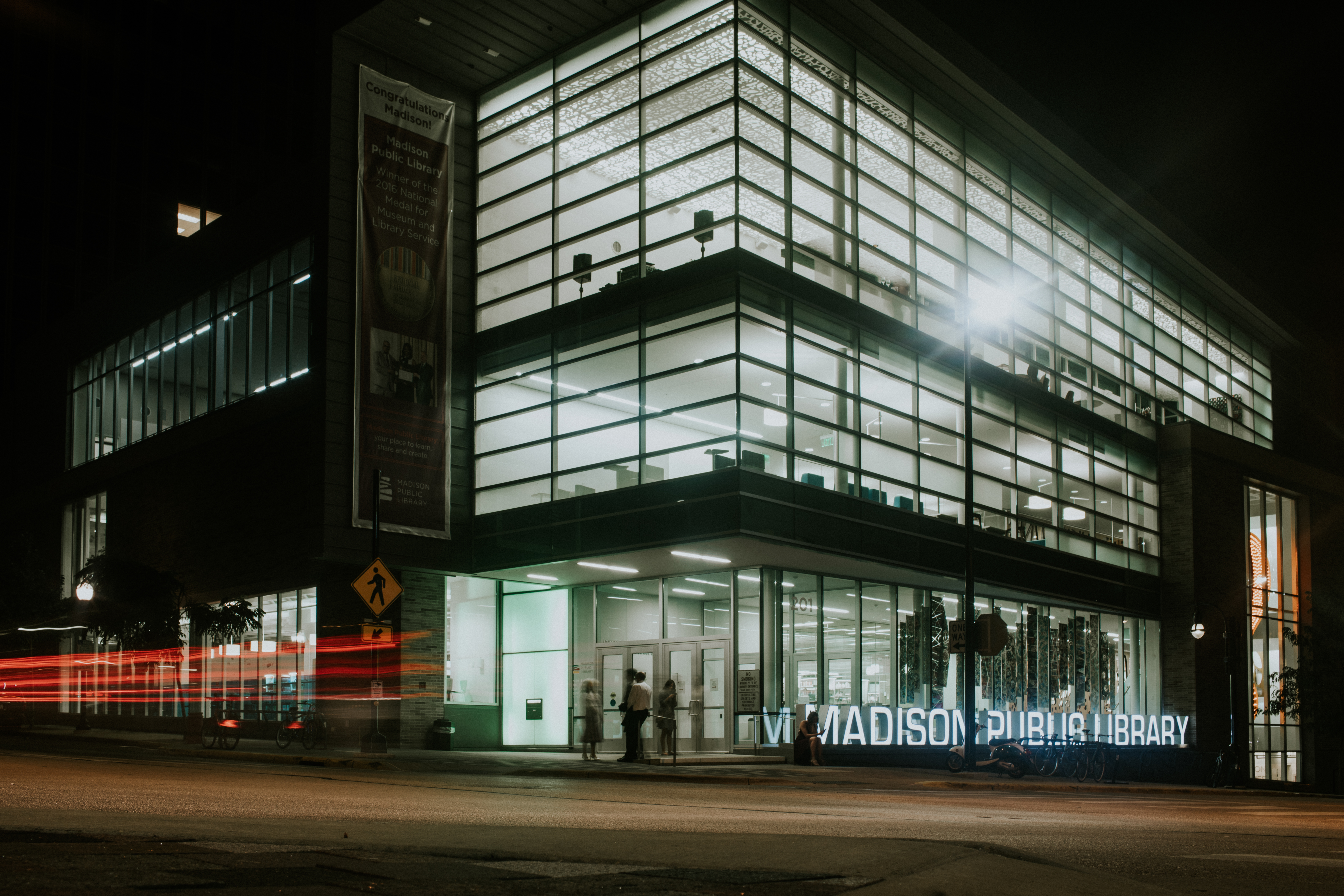 Madison Public Library lit up at night