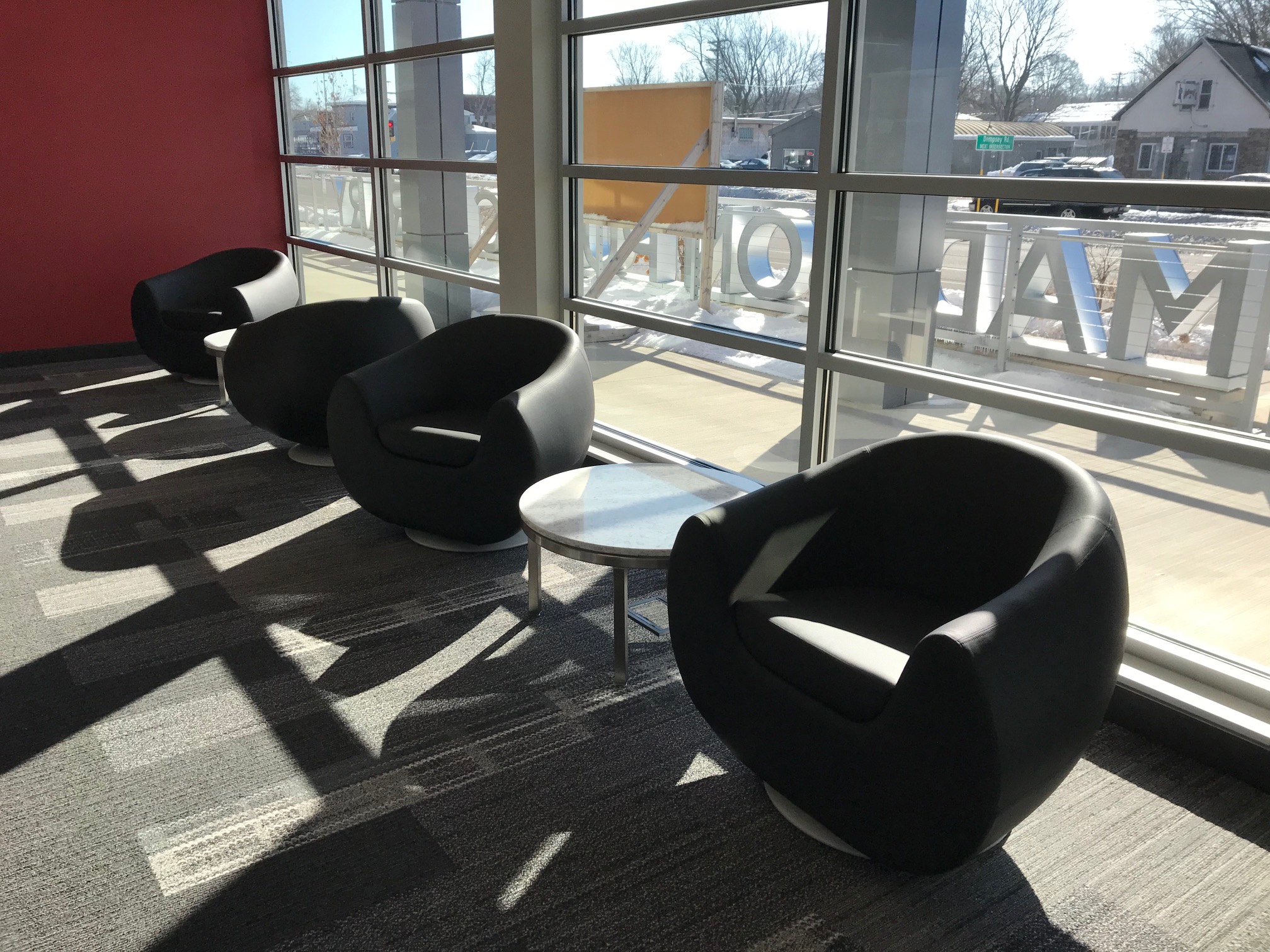 New Pinney Library exterior windows and seating